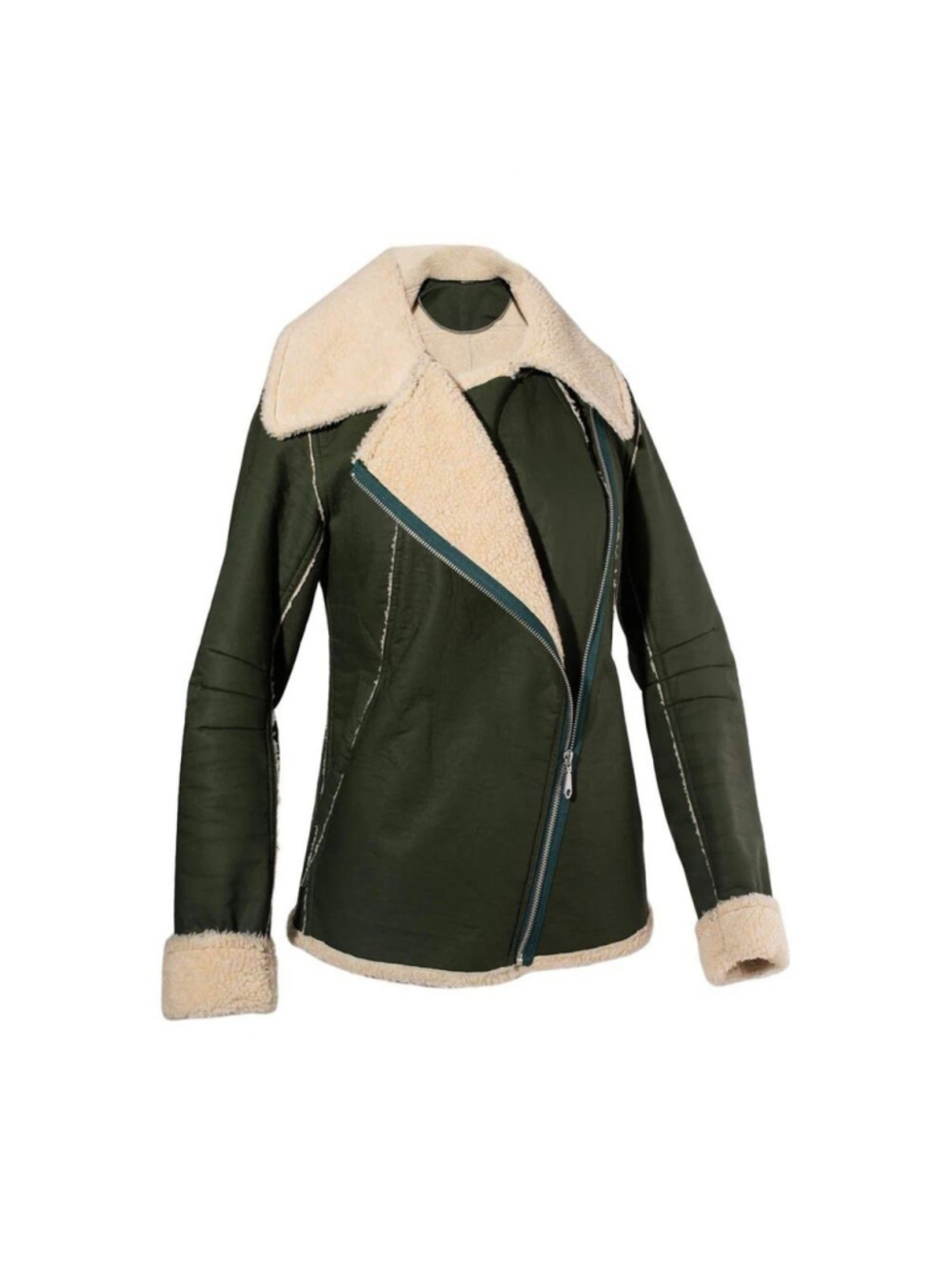 REBECCA MINKOFF Quinn Green Faux Shearling Moto Bomber Jacket XS